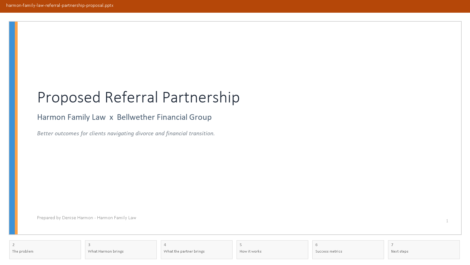 PowerPoint title slide for the referral partnership proposal, with a filmstrip of the remaining six slides below.