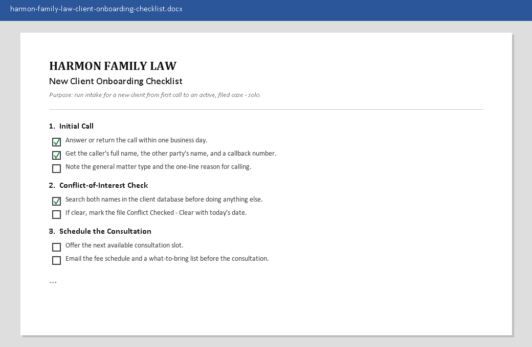 Word document screenshot of the new client onboarding checklist, with checkboxes grouped by intake stage.