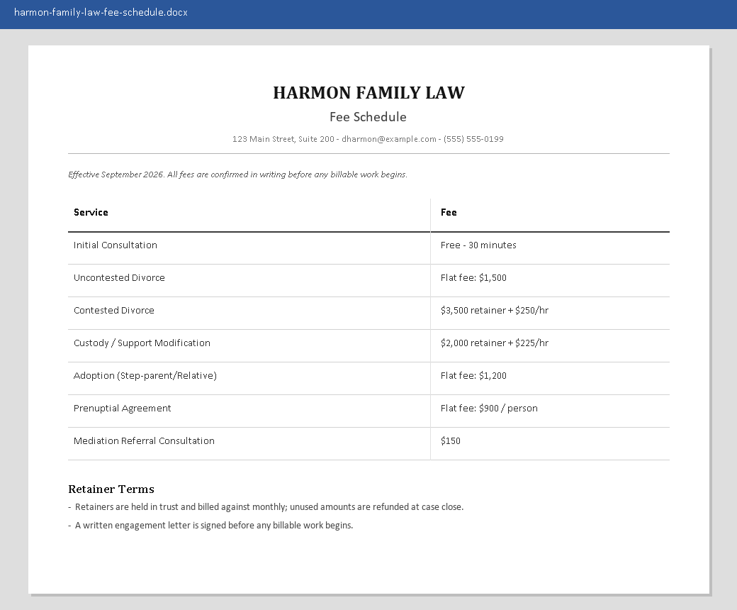 Word document screenshot of the branded fee schedule, listing services and flat or hourly rates in a table.